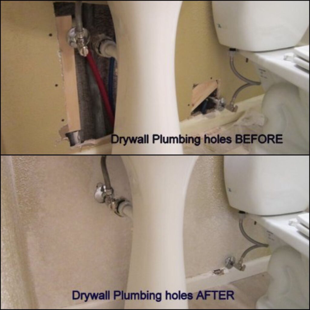 Drywall Plumbing holes under a sink in the bath before and after repair vertical