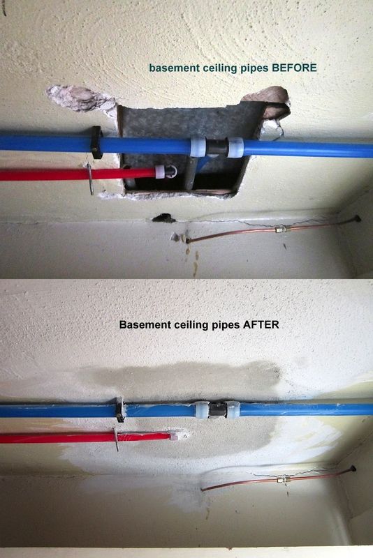 plaster repair of a plumbing hole behind pipes in a basement