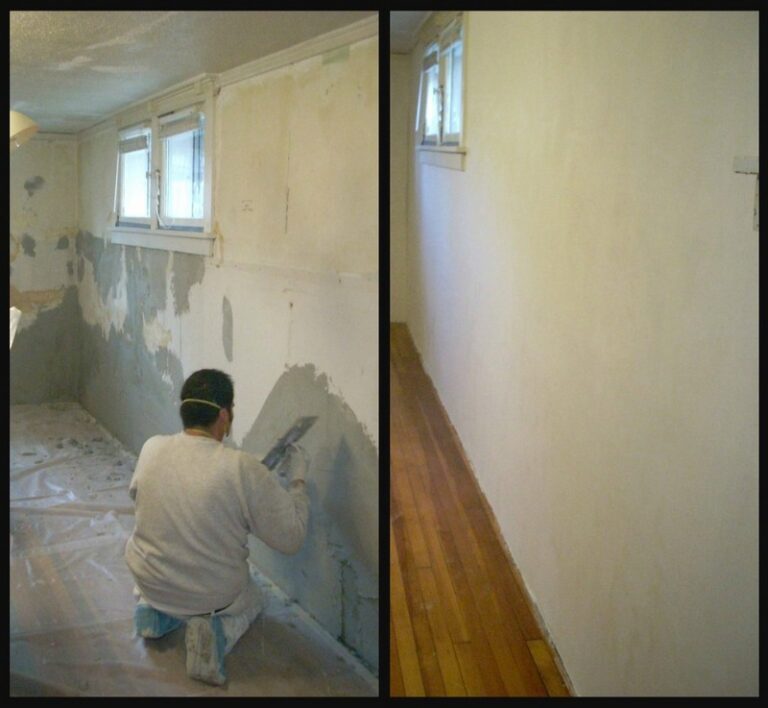 plaster repair of a damaged basement wall before and after